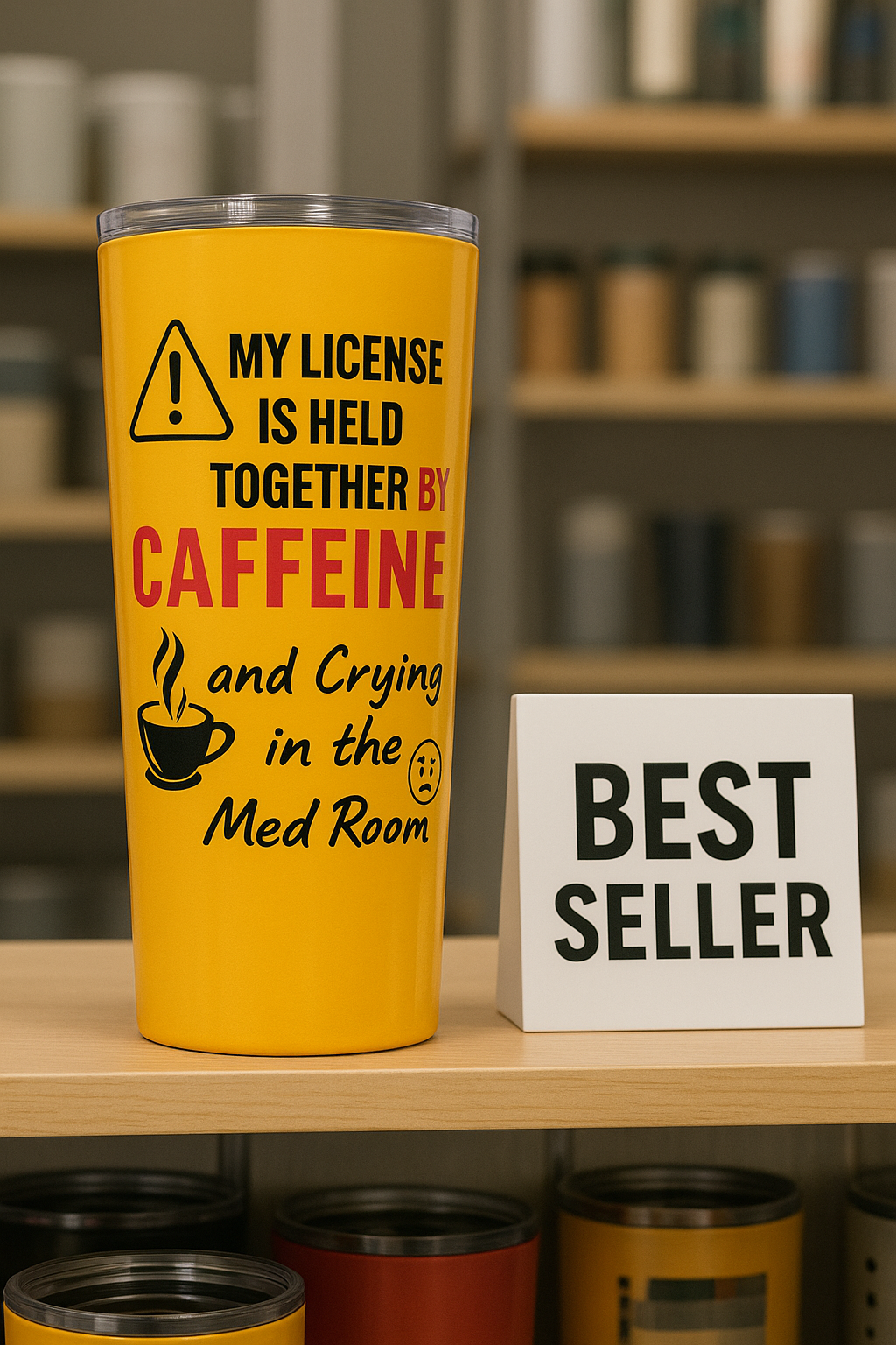 Funny 20oz stainless nurse tumbler with quote “Caffeine and Crying in the Med Room,” held by nurse mid-breakdown during a 12-hour shift