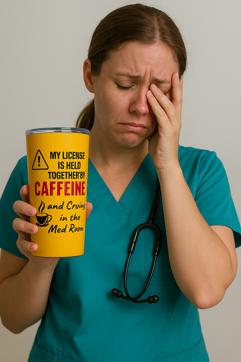 Funny 20oz stainless nurse tumbler with quote “Caffeine and Crying in the Med Room,” held by nurse mid-breakdown during a 12-hour shift