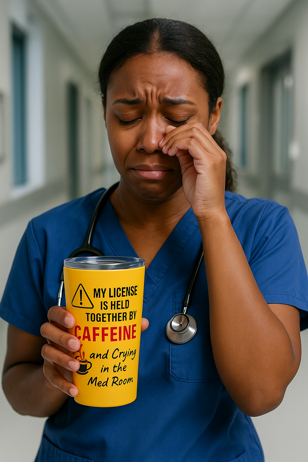 Funny 20oz stainless nurse tumbler with quote “Caffeine and Crying in the Med Room,” held by nurse mid-breakdown during a 12-hour shift