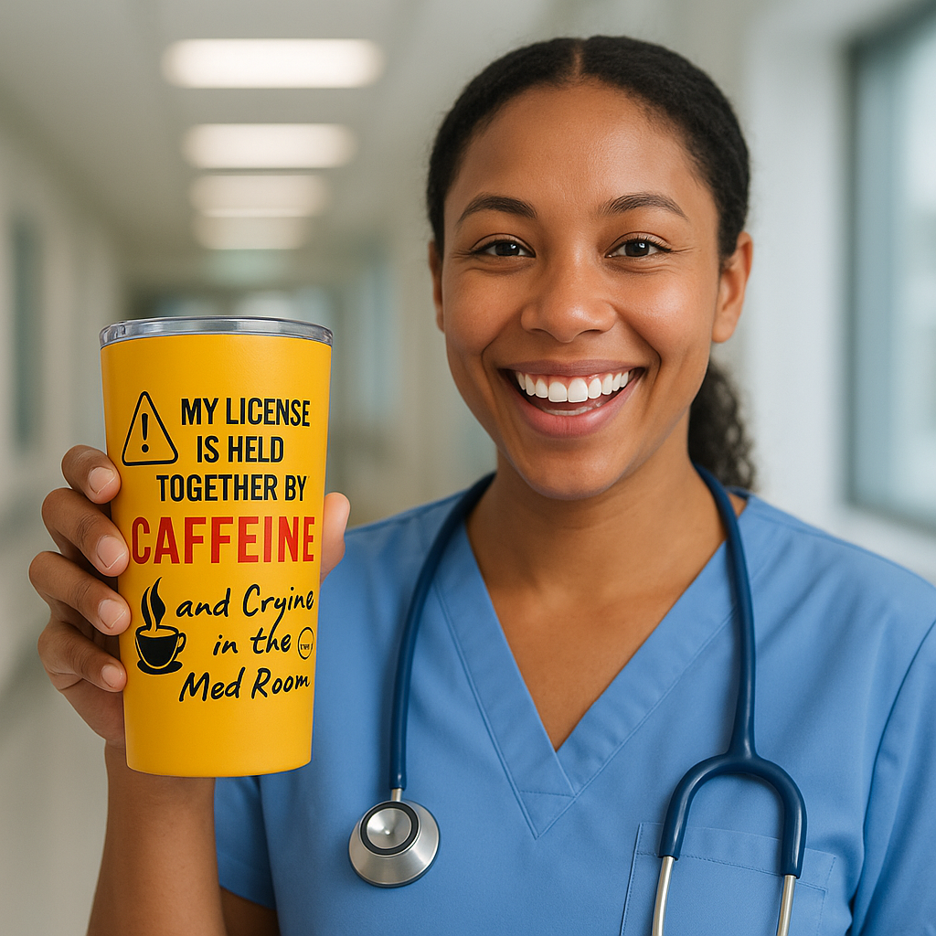 Funny 20oz stainless nurse tumbler with quote “Caffeine and Crying in the Med Room,” held by nurse mid-breakdown during a 12-hour shift