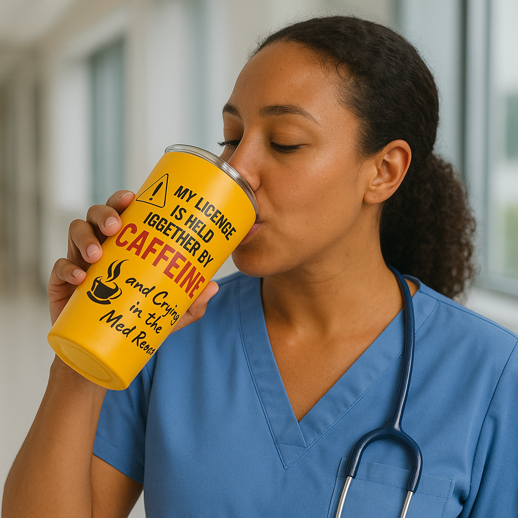 Funny 20oz stainless nurse tumbler with quote “Caffeine and Crying in the Med Room,” held by nurse mid-breakdown during a 12-hour shift