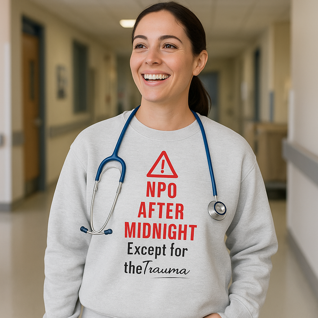 Funny nurse sweatshirt with quote “NPO After Midnight (Except for the Trauma),” worn by exhausted RN dodging chaos at 2 a.m.