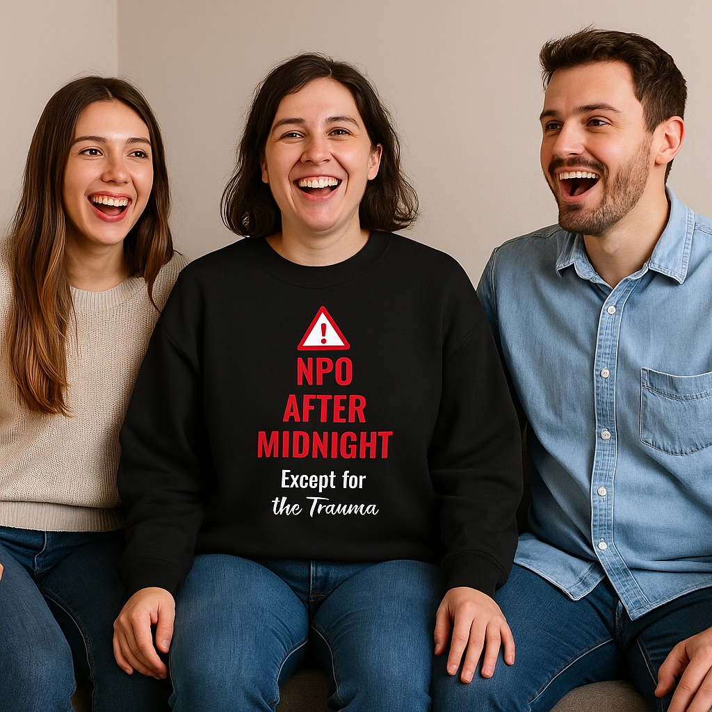 Funny nurse sweatshirt with quote “NPO After Midnight (Except for the Trauma),” worn by exhausted RN dodging chaos at 2 a.m.