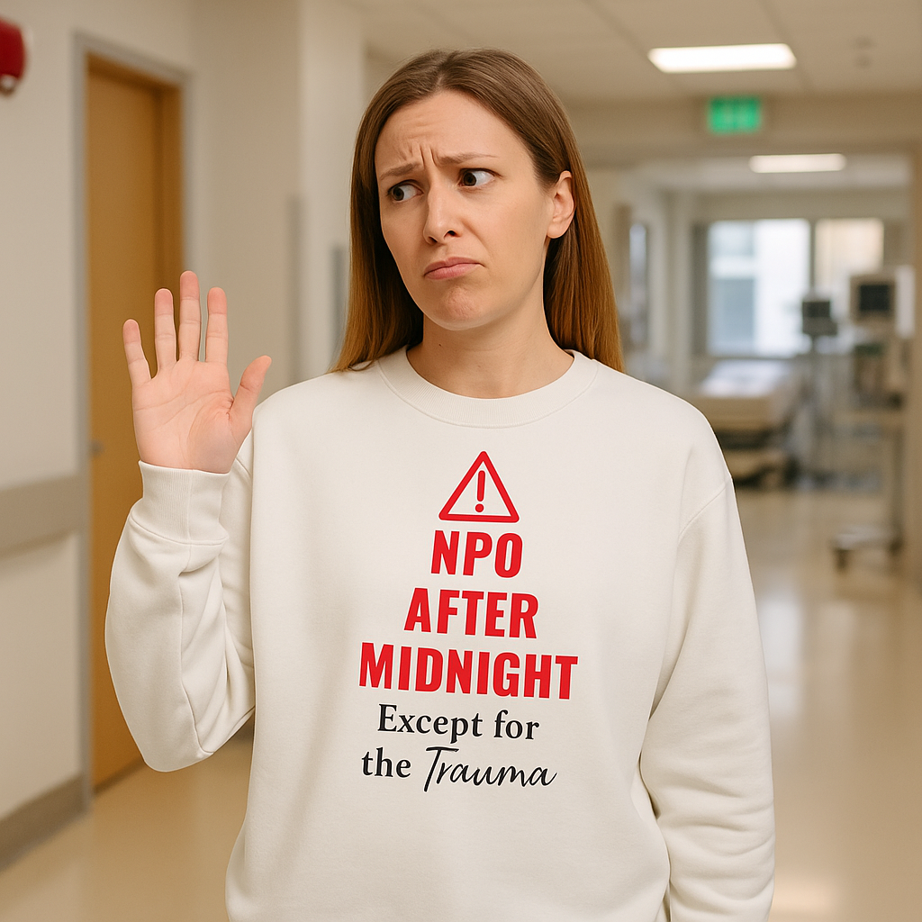 Funny nurse sweatshirt with quote “NPO After Midnight (Except for the Trauma),” worn by exhausted RN dodging chaos at 2 a.m.