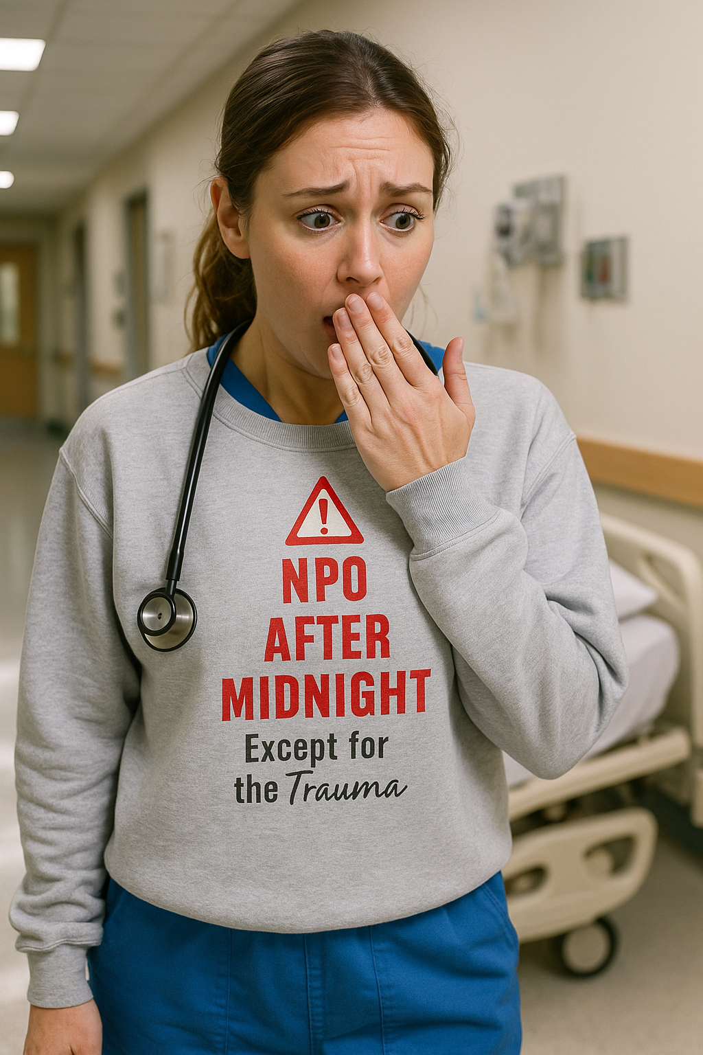 Funny nurse sweatshirt with quote “NPO After Midnight (Except for the Trauma),” worn by exhausted RN dodging chaos at 2 a.m.