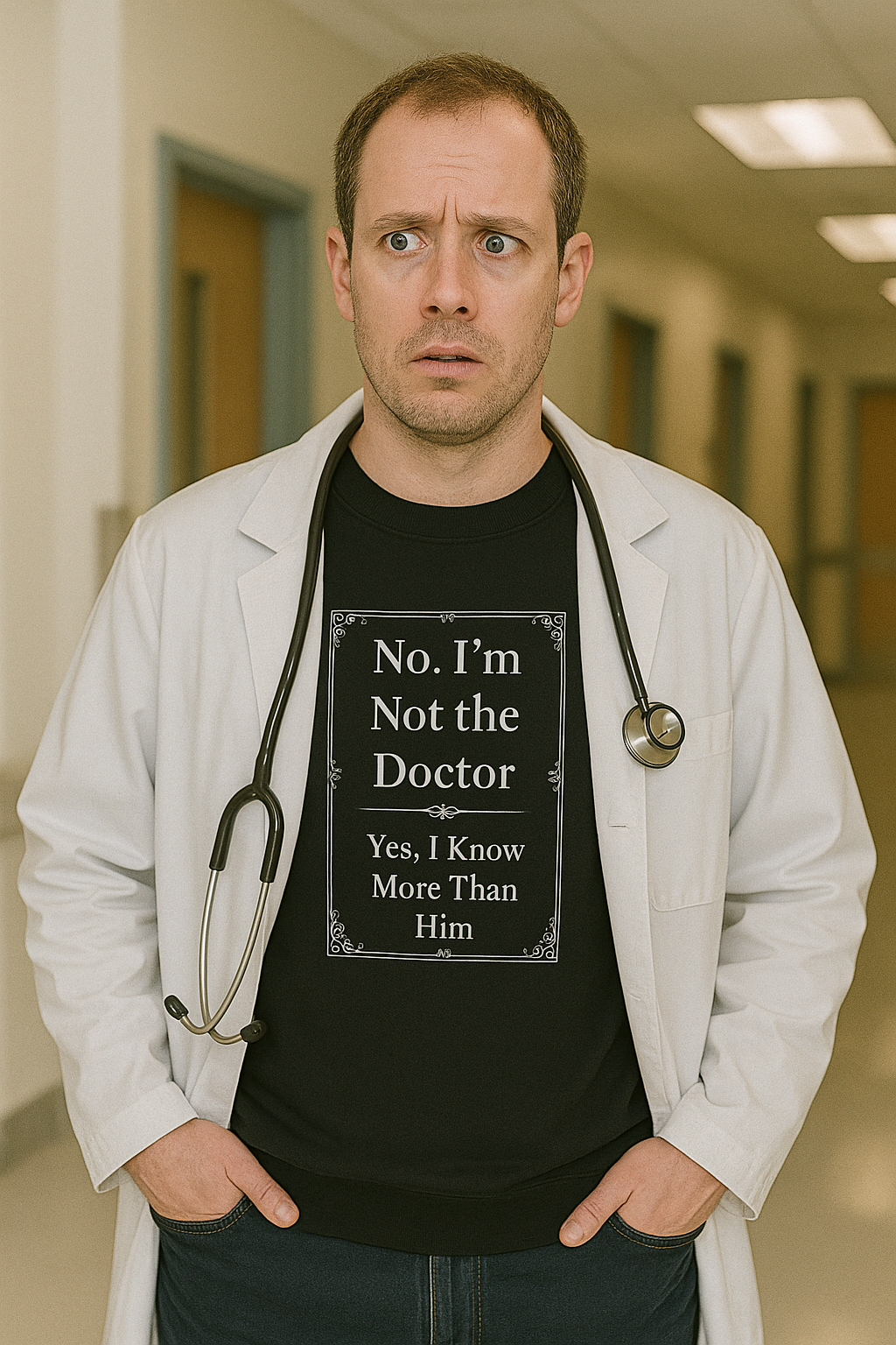 Funny black nurse sweatshirt with quote “Not the Doctor. Just Smarter,” worn by confident RN during shift rounds