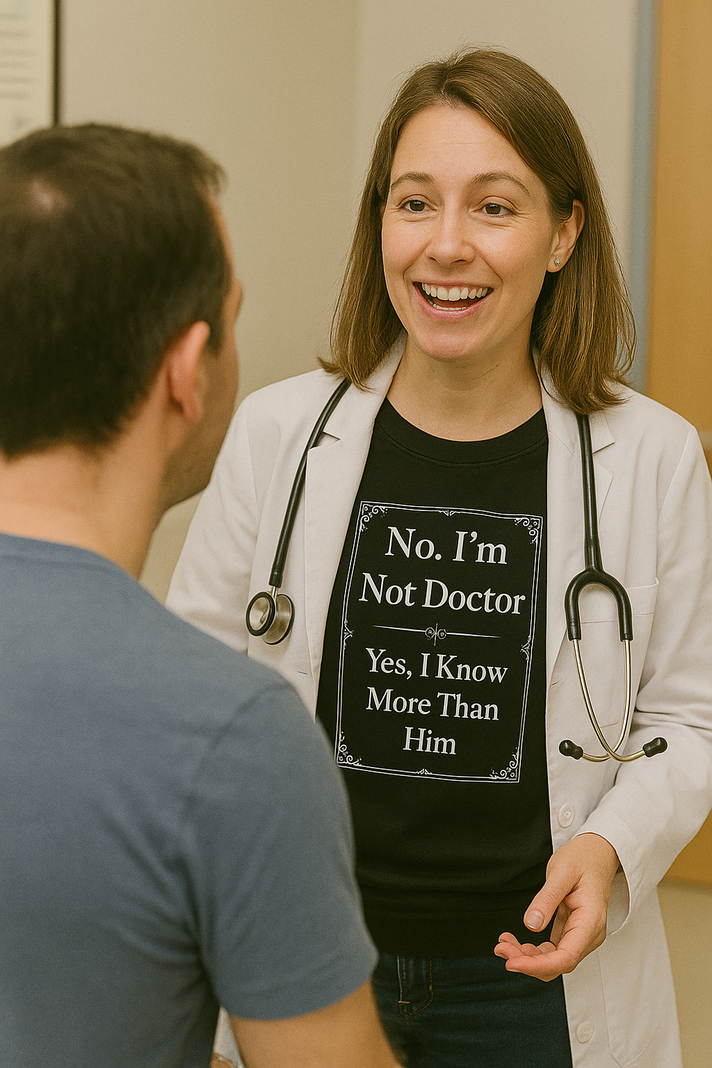 Funny black nurse sweatshirt with quote “Not the Doctor. Just Smarter,” worn by confident RN during shift rounds