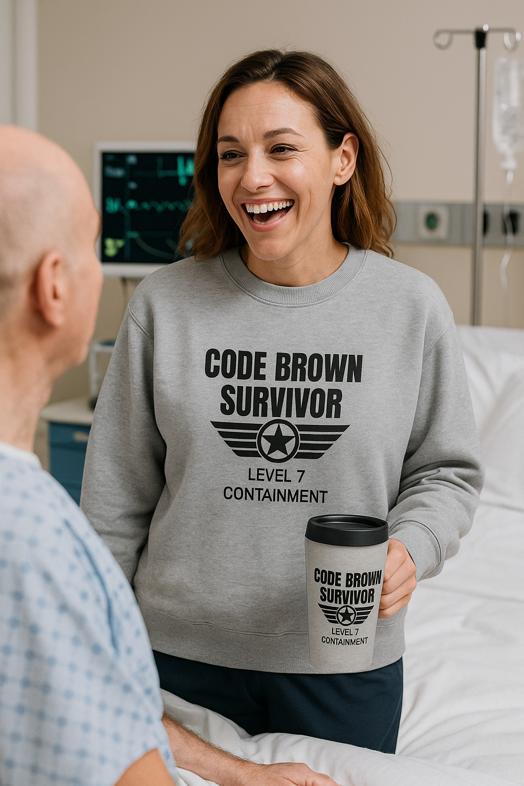 Funny nurse sweatshirt with quote “Code Brown Survivor,” worn by exhausted RN holding coffee and silently reliving bowel-related trauma