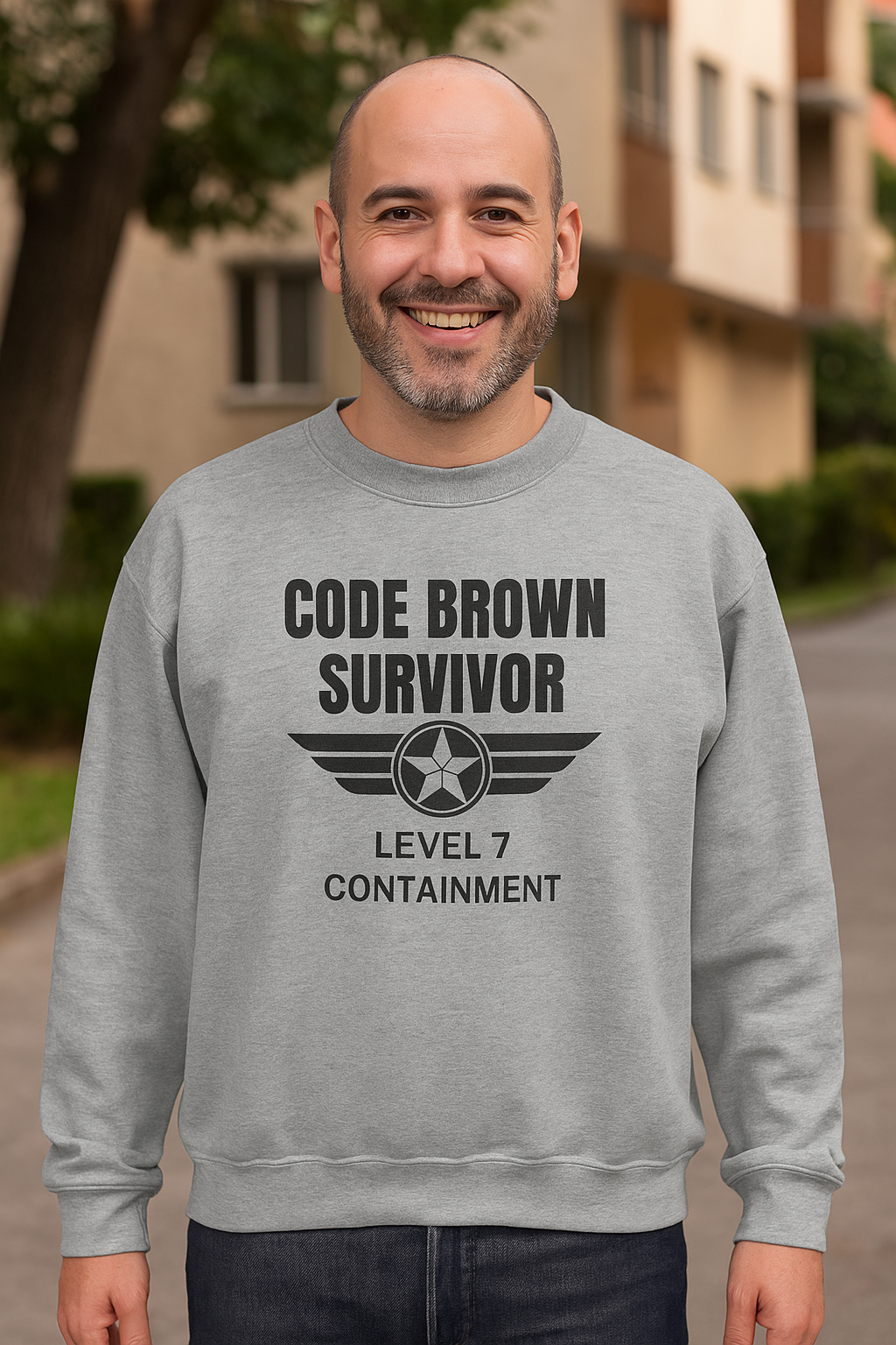 Funny nurse sweatshirt with quote “Code Brown Survivor,” worn by exhausted RN holding coffee and silently reliving bowel-related trauma