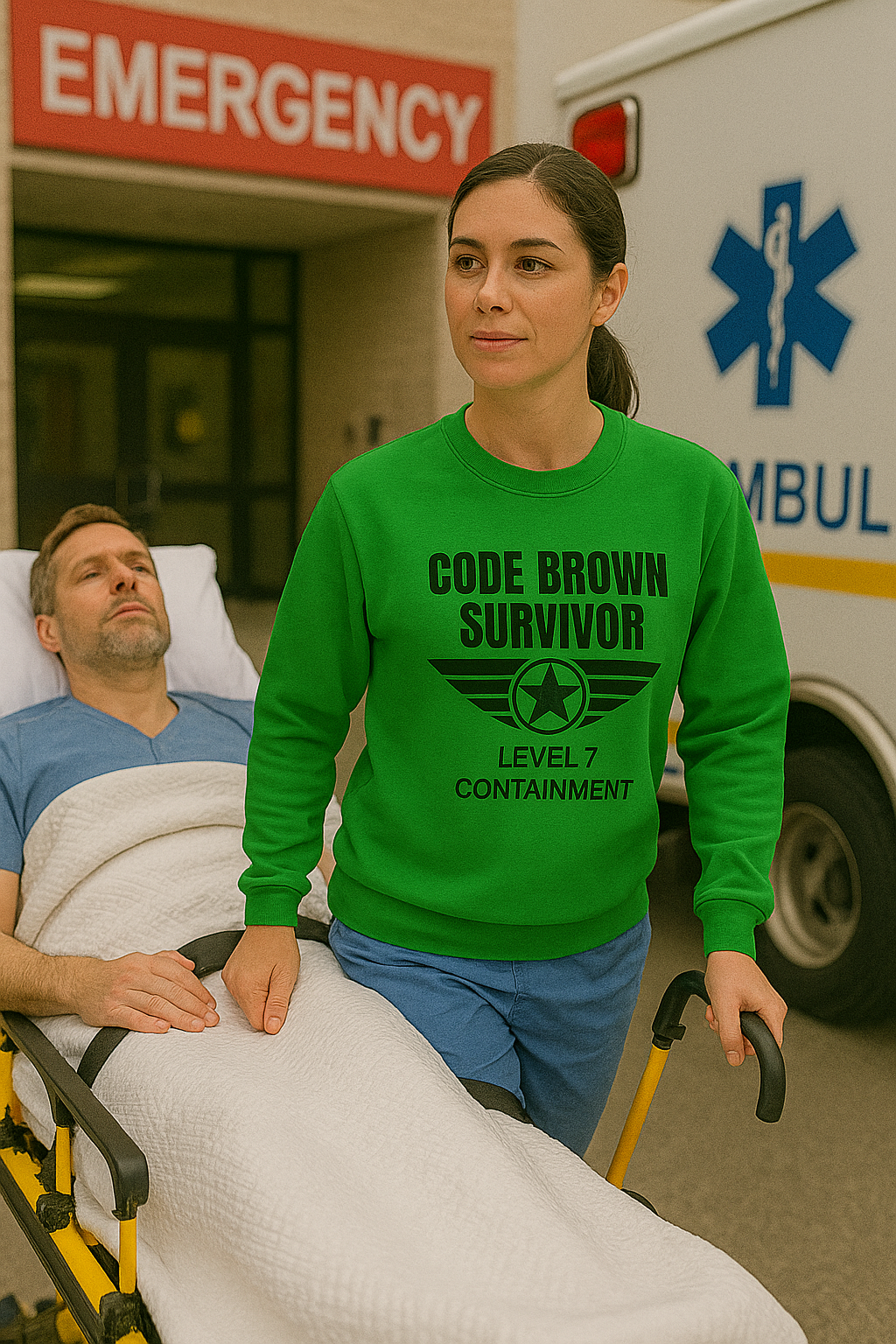 Funny nurse sweatshirt with quote “Code Brown Survivor,” worn by exhausted RN holding coffee and silently reliving bowel-related trauma