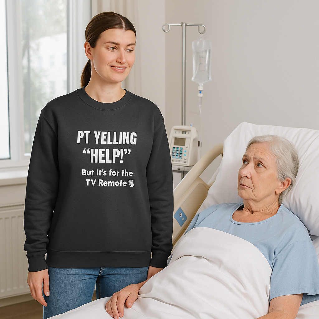 Funny nurse sweatshirt with quote “HELP… But It’s for the Remote,” worn by sarcastic RN mid-shift after sprinting for no reason