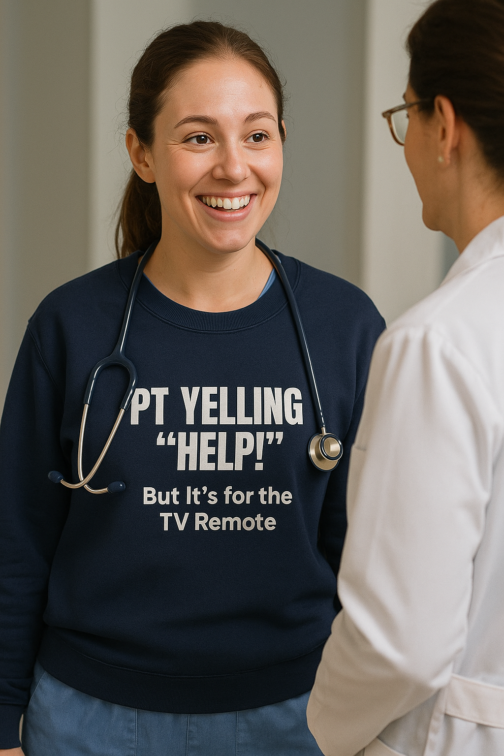 Funny nurse sweatshirt with quote “HELP… But It’s for the Remote,” worn by sarcastic RN mid-shift after sprinting for no reason