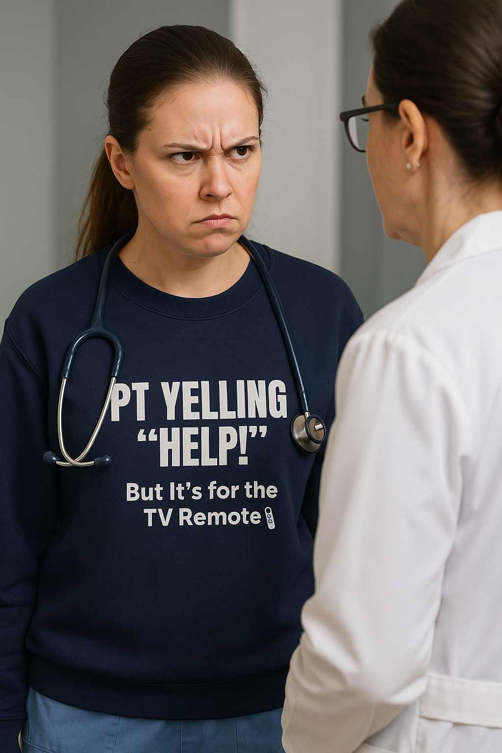 Funny nurse sweatshirt with quote “HELP… But It’s for the Remote,” worn by sarcastic RN mid-shift after sprinting for no reason