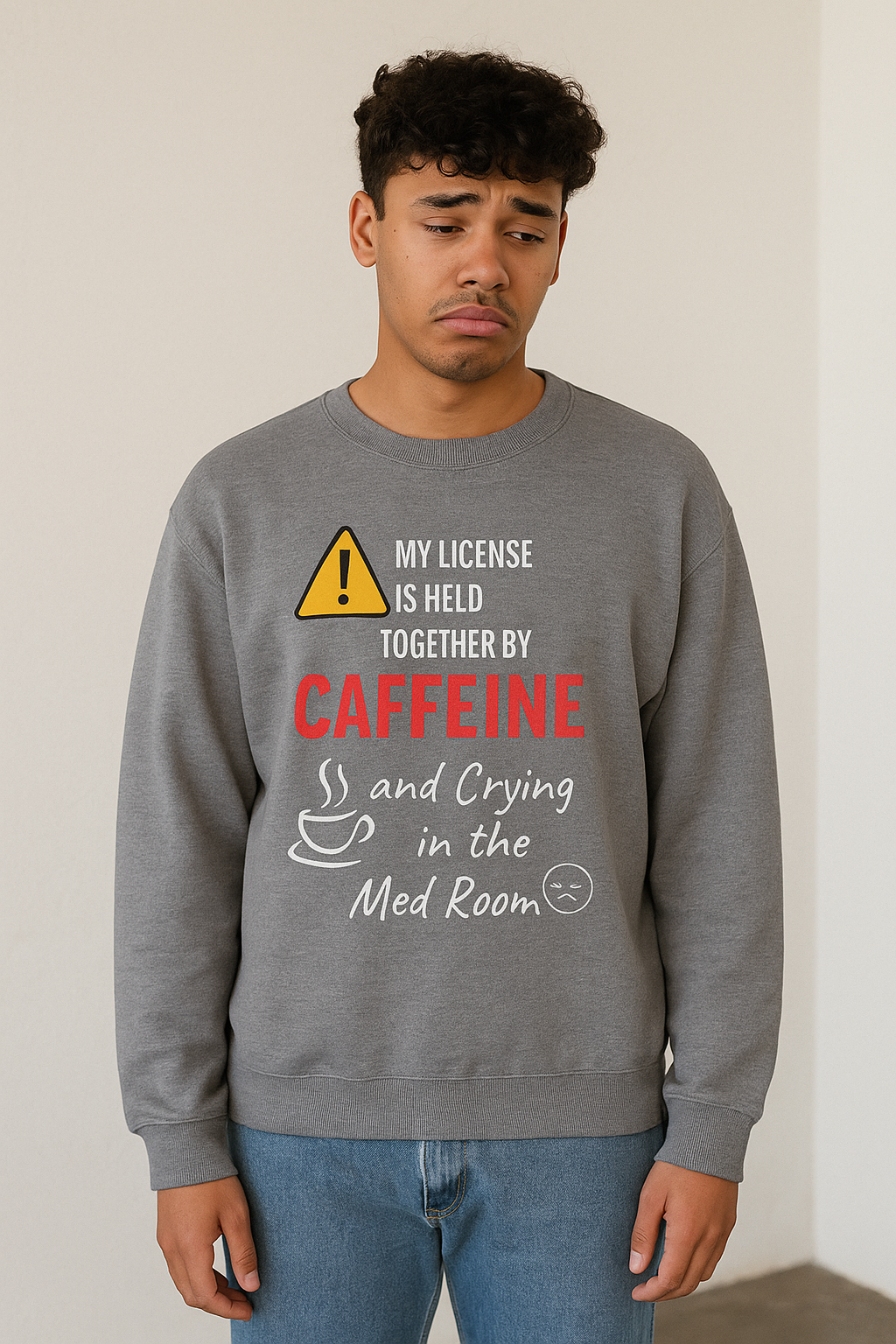 Funny nurse sweatshirt with quote “Held Together by Caffeine and Crying,” worn by exhausted RN mid-shift meltdown in breakroom