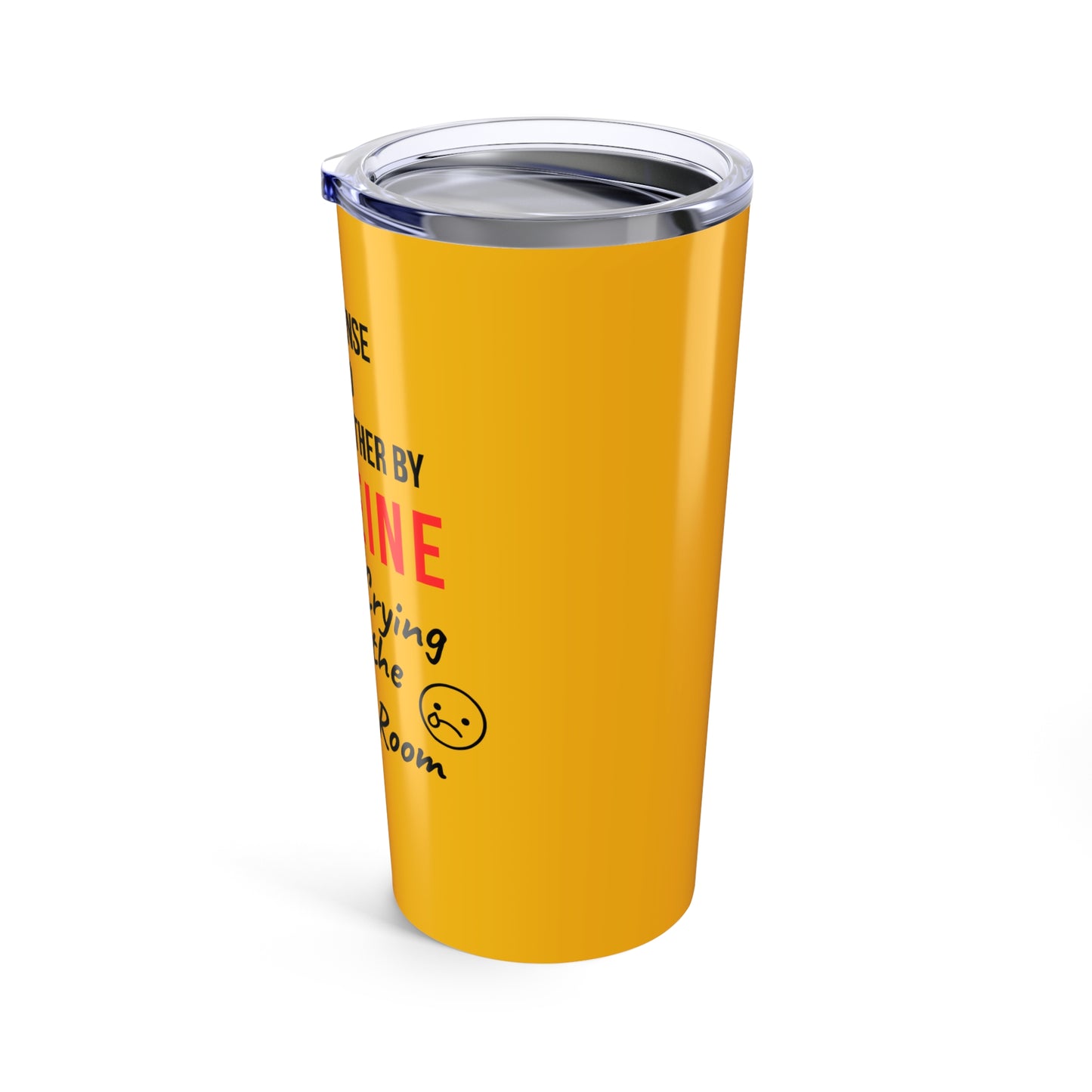 Funny 20oz stainless nurse tumbler with quote “Caffeine and Crying in the Med Room,” held by nurse mid-breakdown during a 12-hour shift