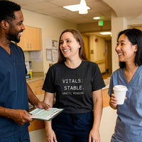 Group of nurses in hospital break room wearing “Vitals Stable. Sanity Pending.” shirts, surrounded by med carts and nurse chaos