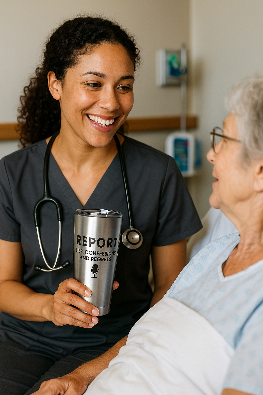 Female nurse in conversation with patient while casually holding a ‘Report’ tumbler