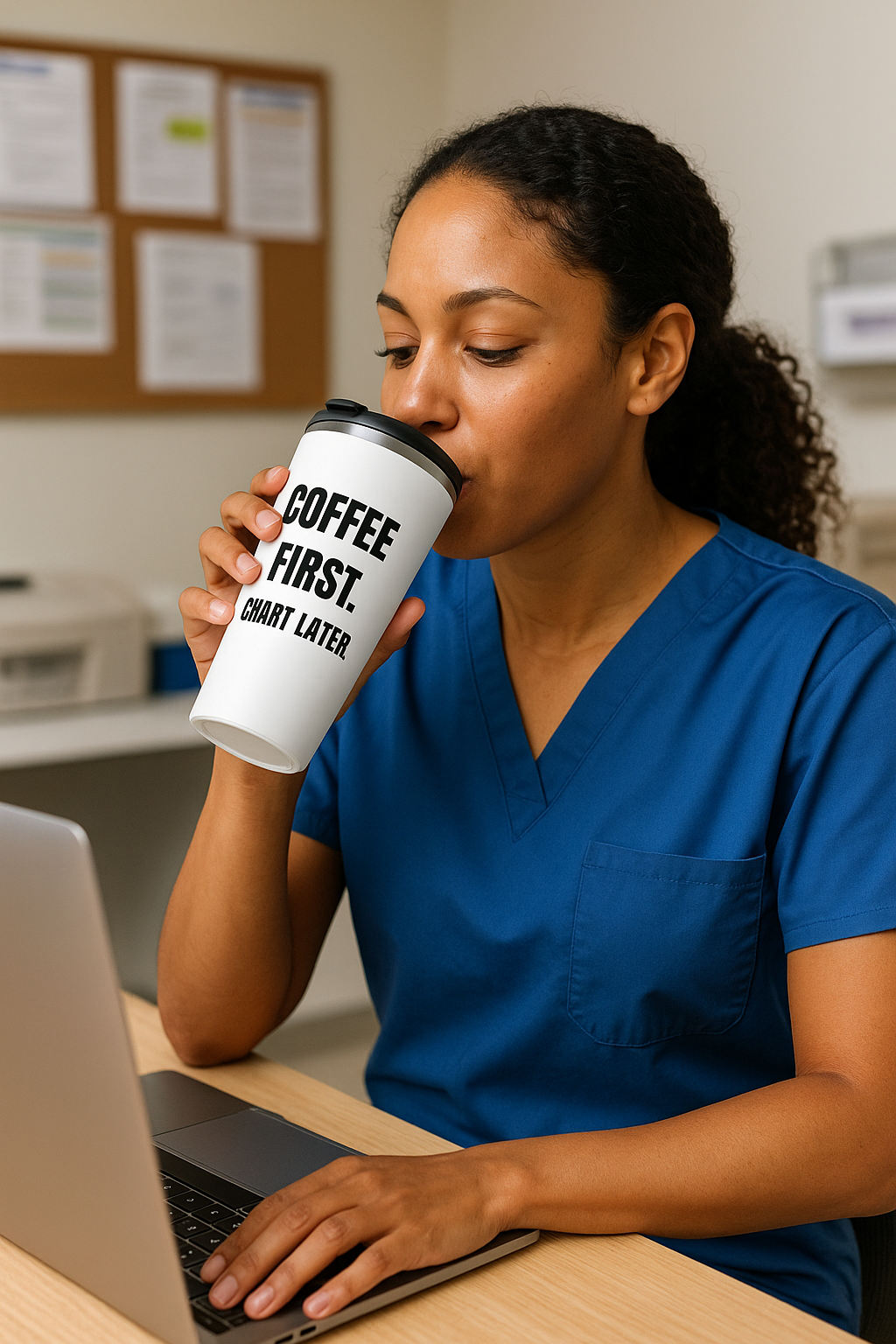 Nurse in blue scrubs sipping from the “Coffee First, Chart Later” tumbler at nurses’ station.