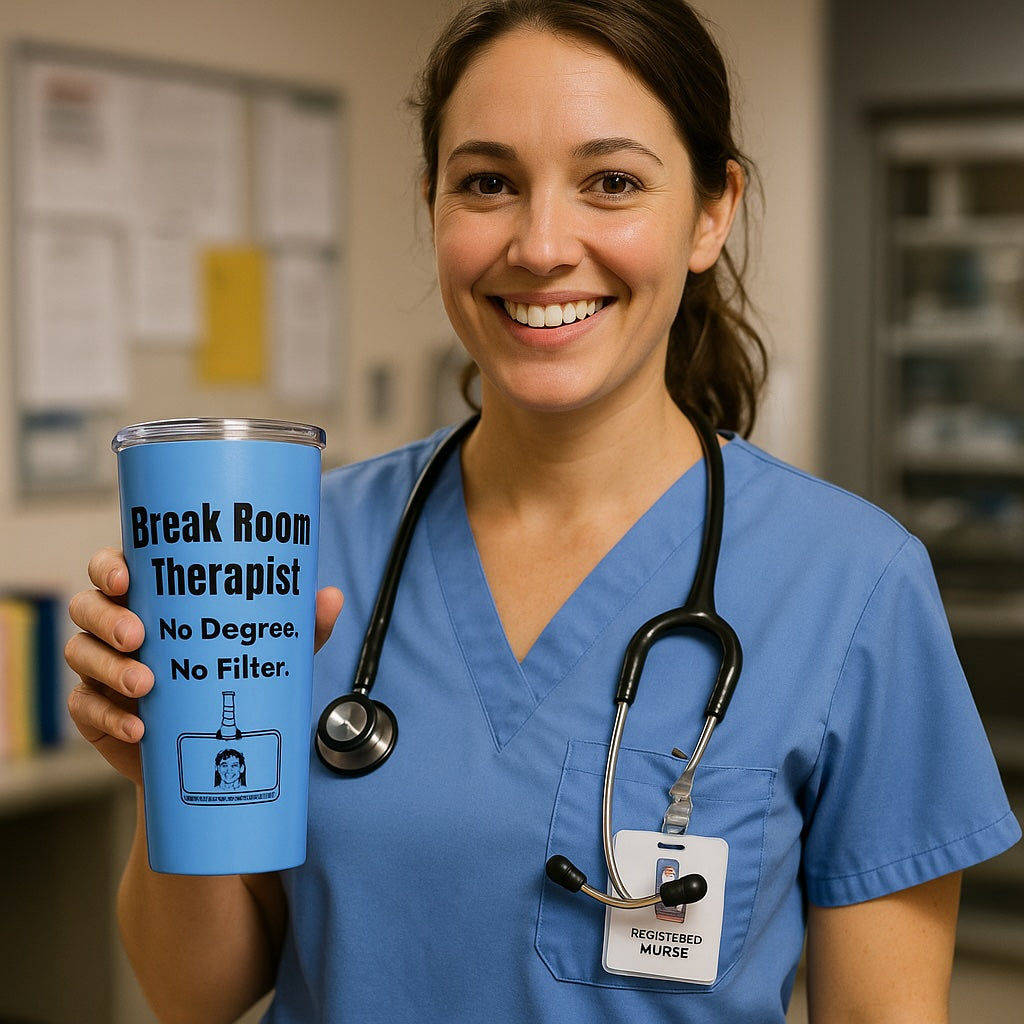 Nurse in blue scrubs holding “Break Room Therapist” tumbler with work badge showing and warm smile