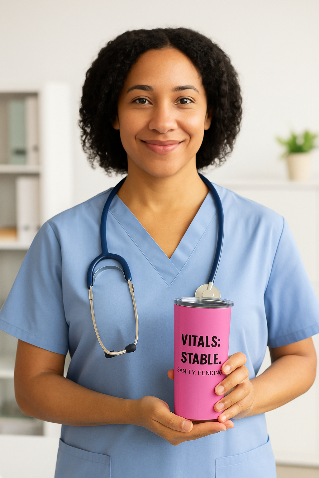 Pink nurse tumbler with bold text reading “Vitals: Stable. Sanity: Pending.” – funny 20oz travel mug for nurses