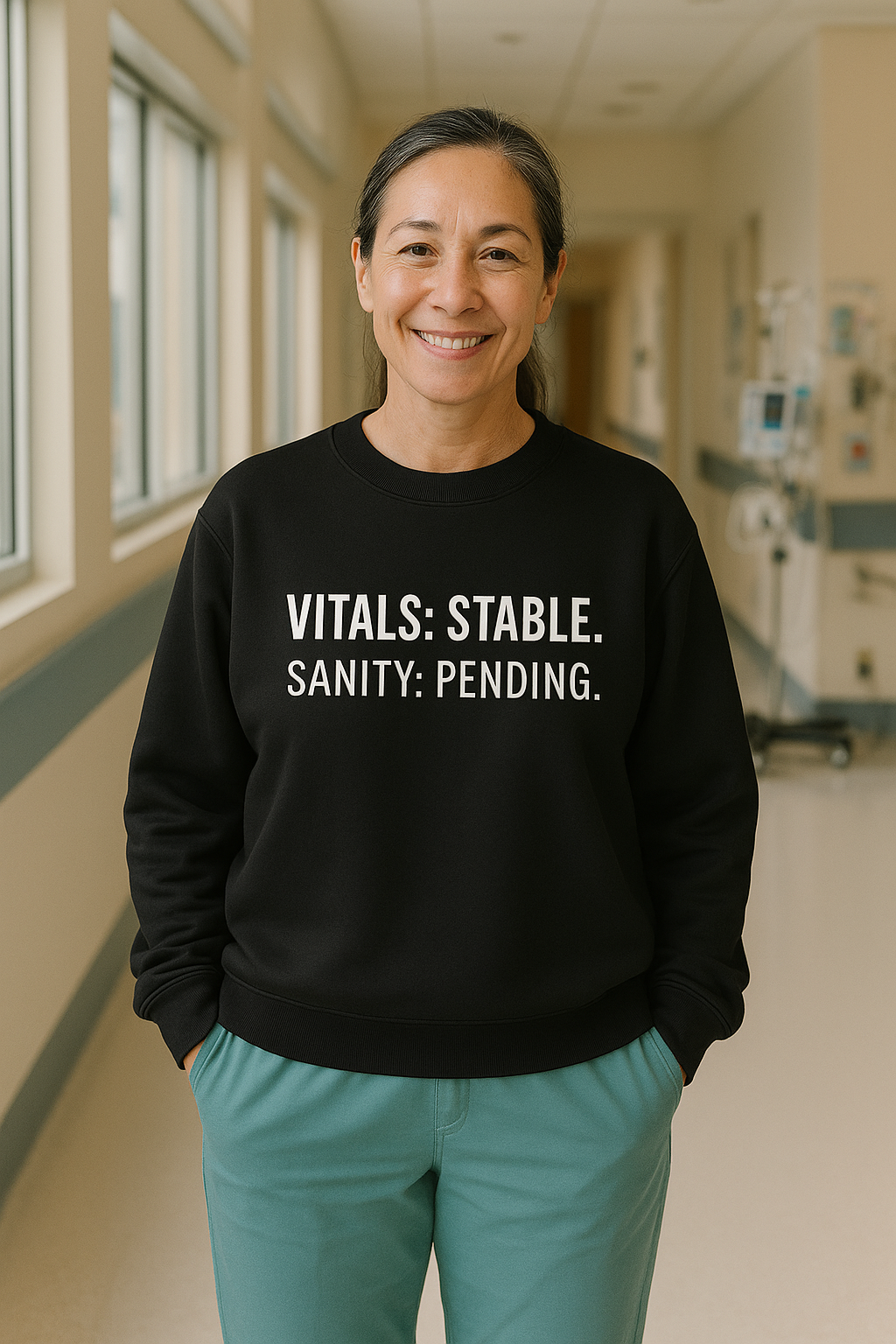 Female nurse in black crewneck with white “Vitals: Stable. Sanity: Pending” text, hands in pockets, mid-shift