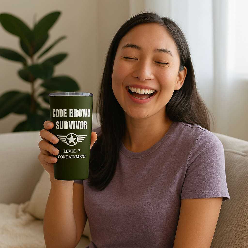 Funny 20oz stainless nurse tumbler with “Code Brown Survivor” quote, held by exhausted RN mid-shift with dead eyes and caffeine grip