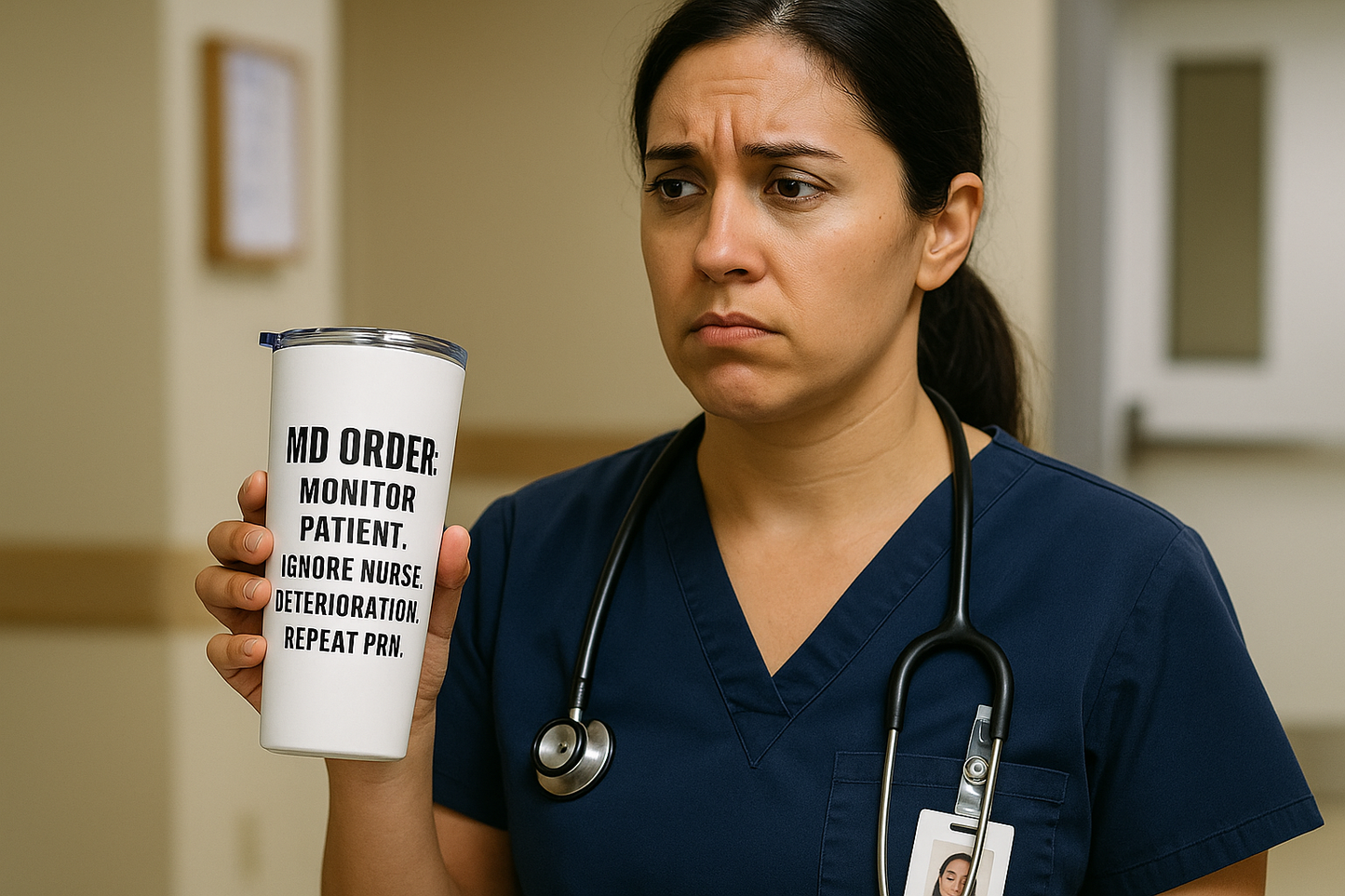 White tumbler with side-angle showing “No Orders. No Patience. Just Vibes and Trauma” design