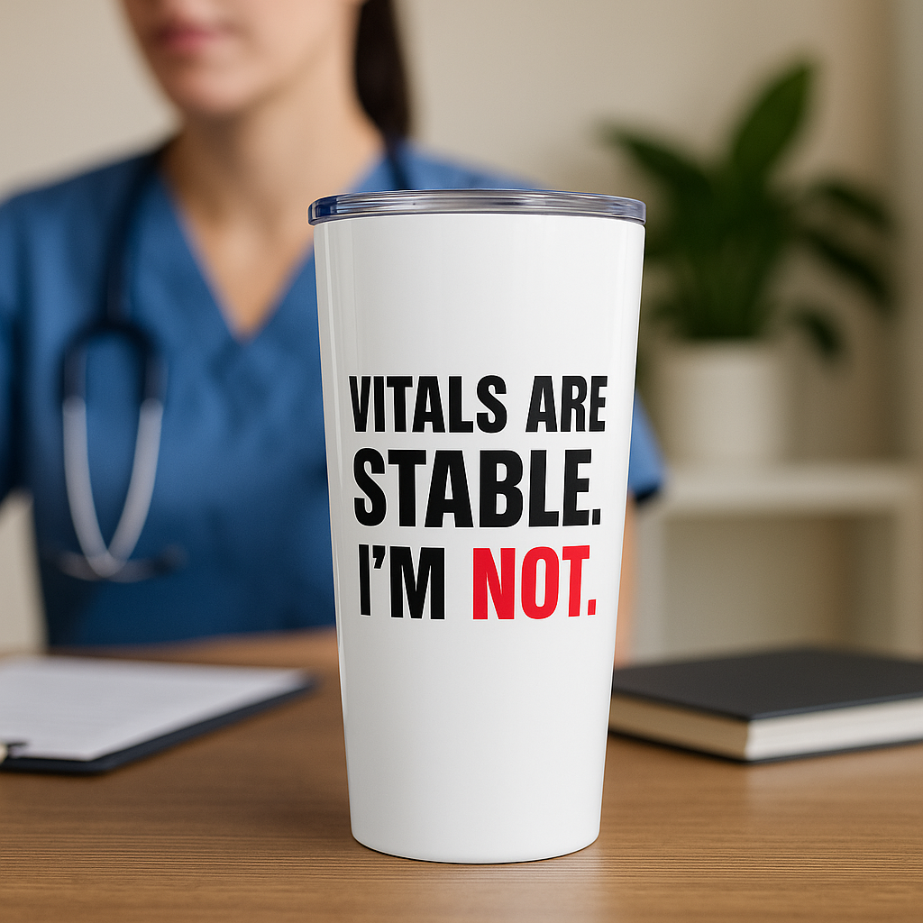 Centered tumbler mockup with the phrase “Vitals Are Stable. I’m Not.” at nurses station