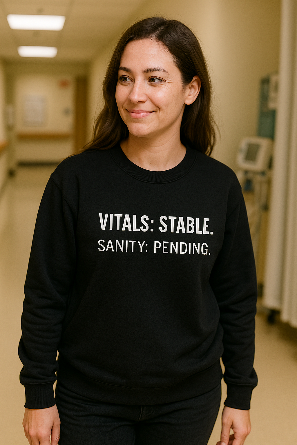 Confident nurse walking through hallway wearing black “Vitals: Stable. Sanity: Pending.” sweatshirt