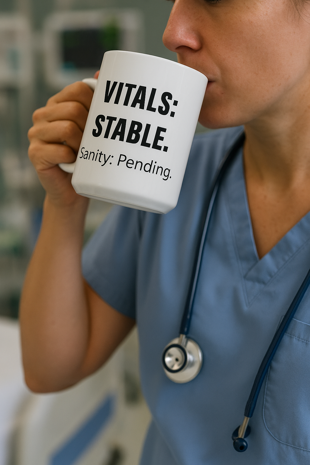 White ceramic mug with black text that reads “Vitals: Stable. Sanity: Pending” – nurse burnout humor