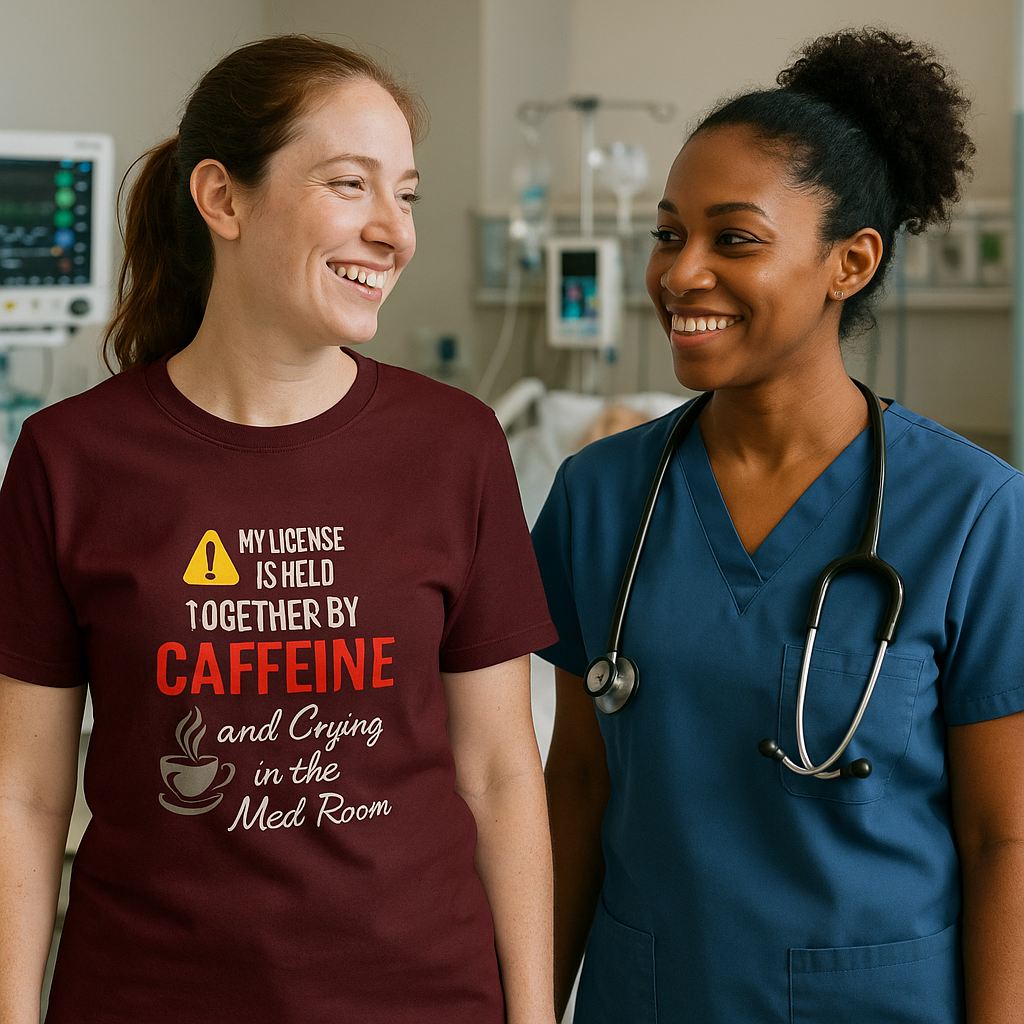 Two nurses laughing in scrubs and “Held Together by Caffeine” shirts while walking between patient rooms.