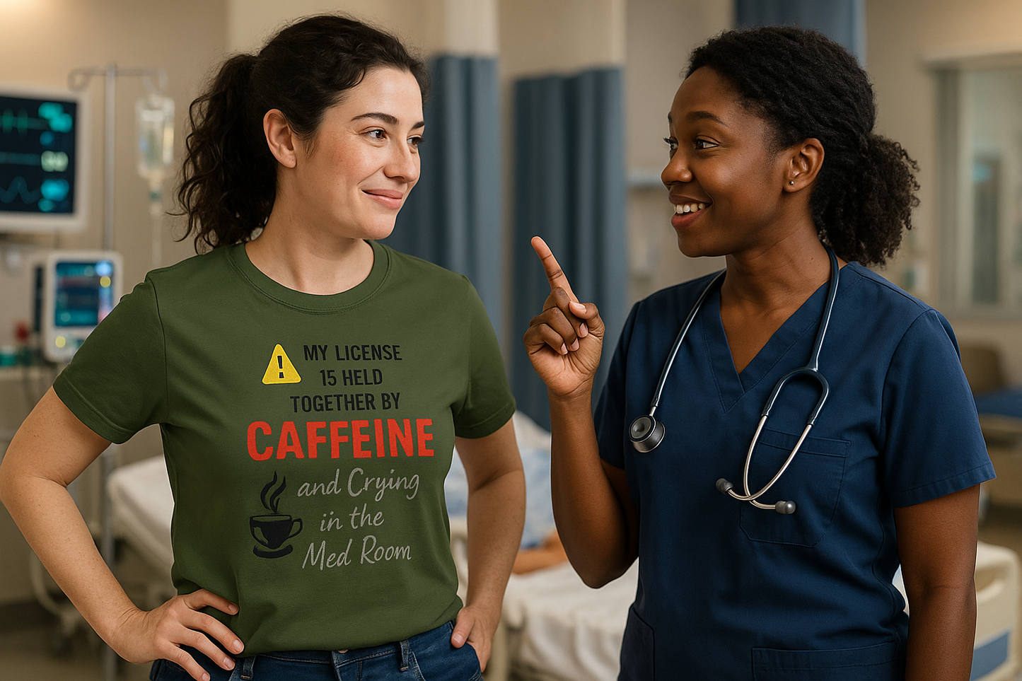 Two female nurses walking through hallway, one wearing a green “Held Together by Caffeine” tee.