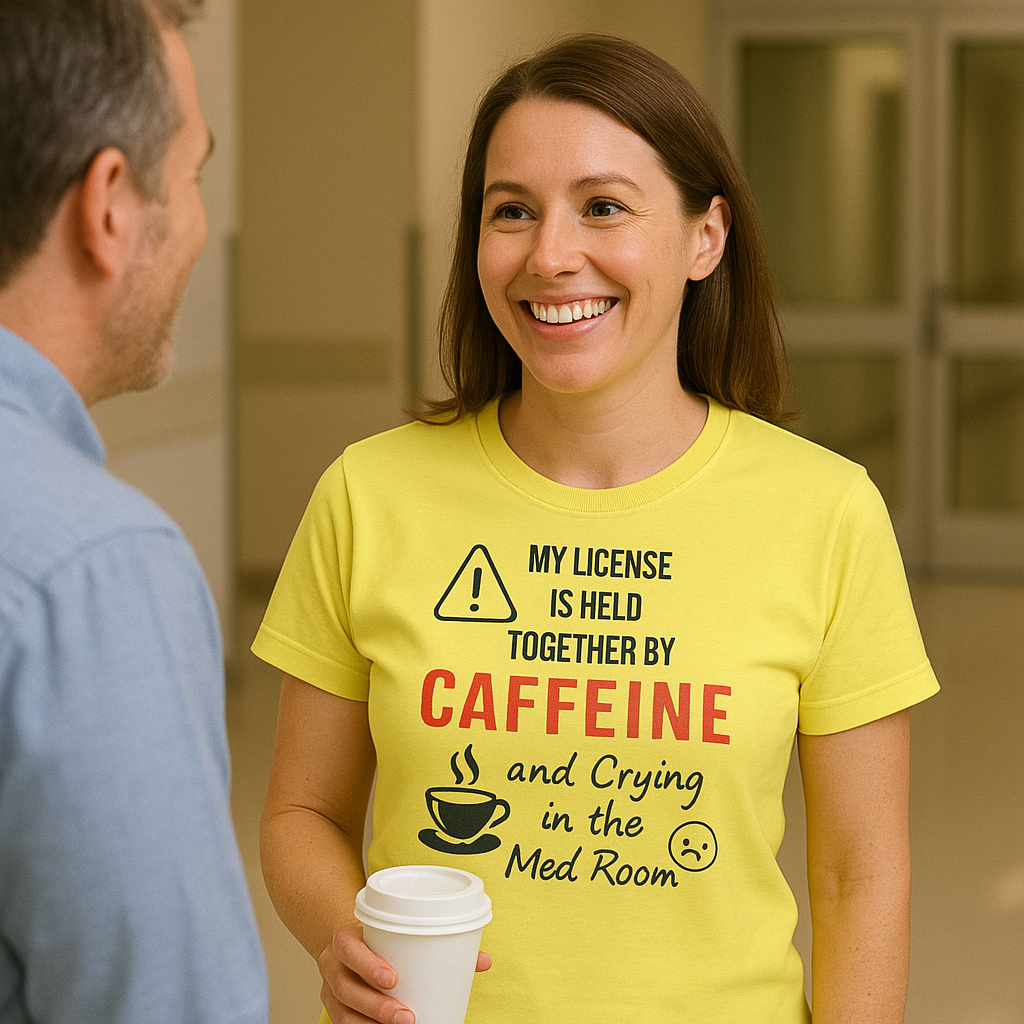 Smiling nurse in a yellow “Held Together by Caffeine” shirt chatting with a coworker in a hospital hallway.