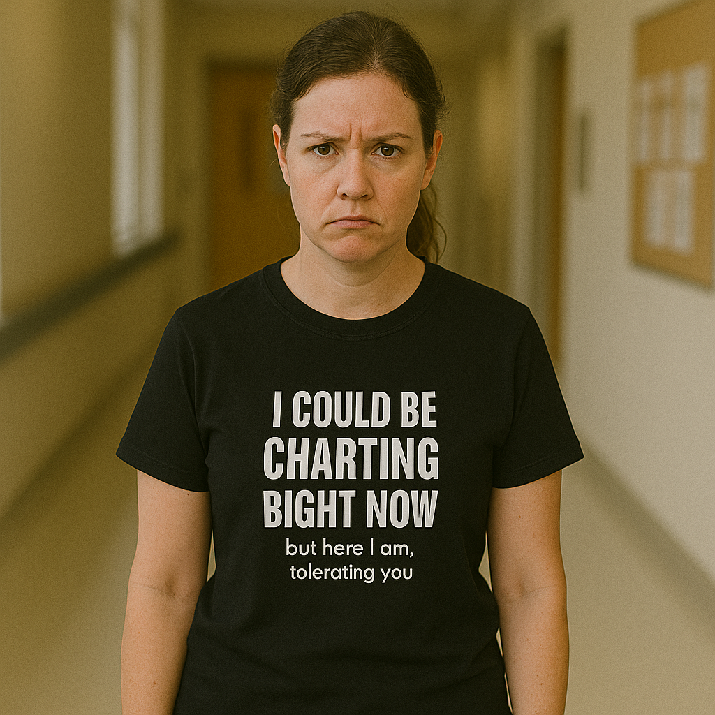 Bella + Canvas nurse t-shirt with the quote “I Could Be Charting But I’m Tolerating You” printed on the front, designed for nurses surviving on caffeine and chaos.