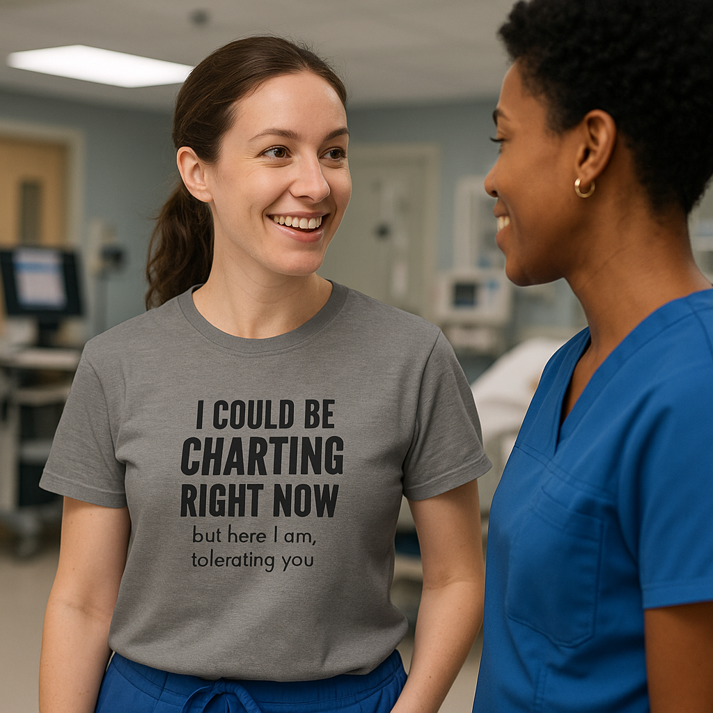 Female nurse chats with male coworker while wearing “I Could Be Charting Right Now” shirt in heather grey, hallway background.