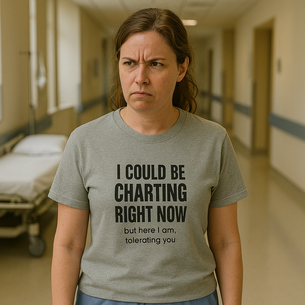 Bella + Canvas nurse t-shirt with the quote “I Could Be Charting But I’m Tolerating You” printed on the front, designed for nurses surviving on caffeine and chaos.