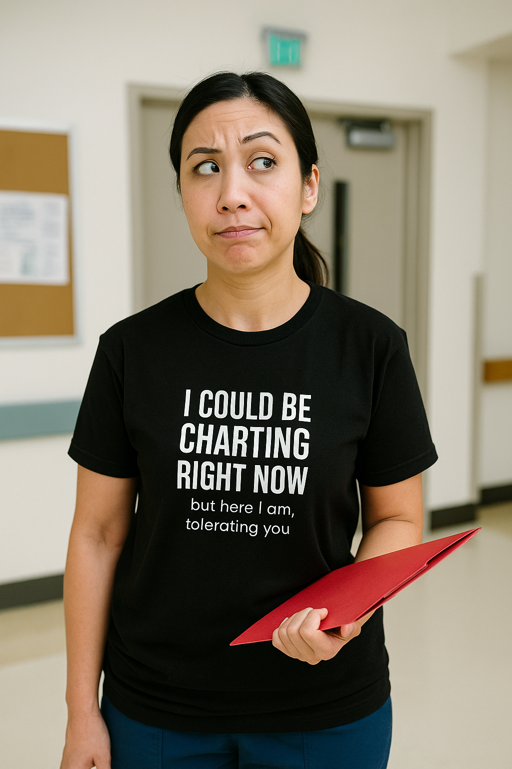 Bella + Canvas nurse t-shirt with red clipboard the quote “I Could Be Charting But I’m Tolerating You” printed on the front, designed for nurses surviving on caffeine and chaos.