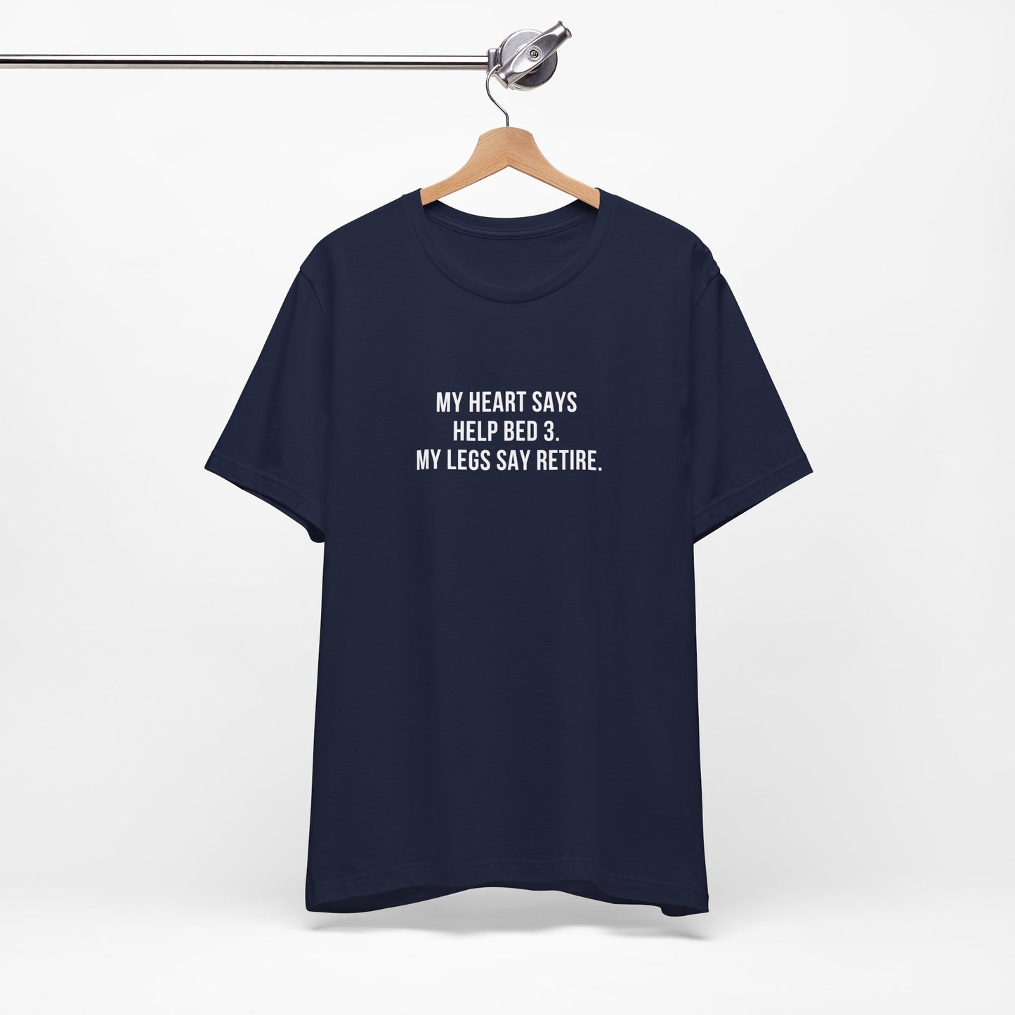 Dark navy shirt shown hanging with quote about helping Bed 3 and choosing retirement.