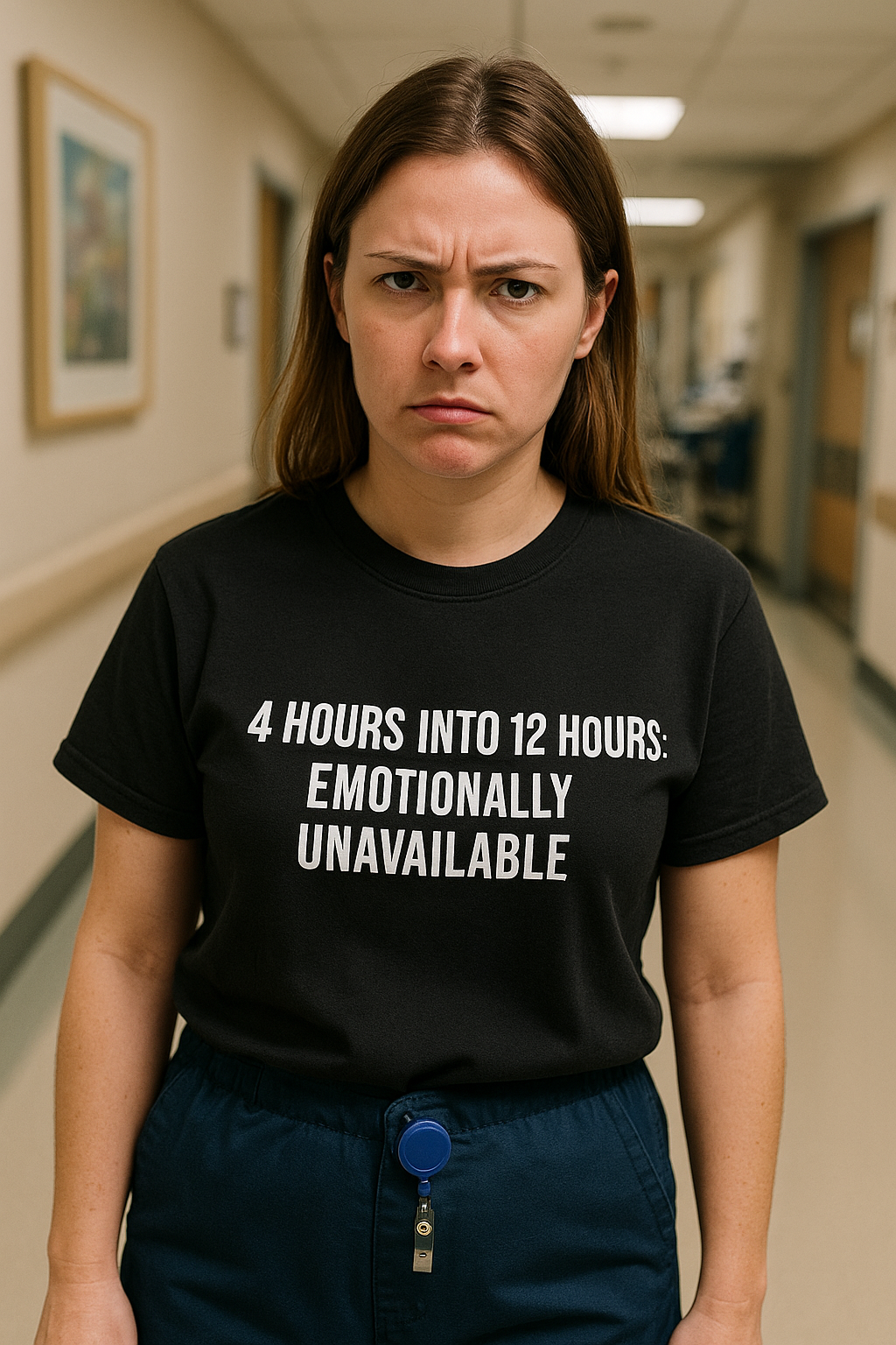 Nurse walking down a hospital hallway wearing black “Emotionally Unavailable” shirt, visibly over it.