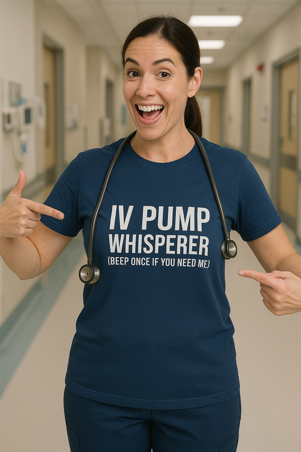 Smiling nurse in blue version of IV tee giving side-eye near breakroom door.