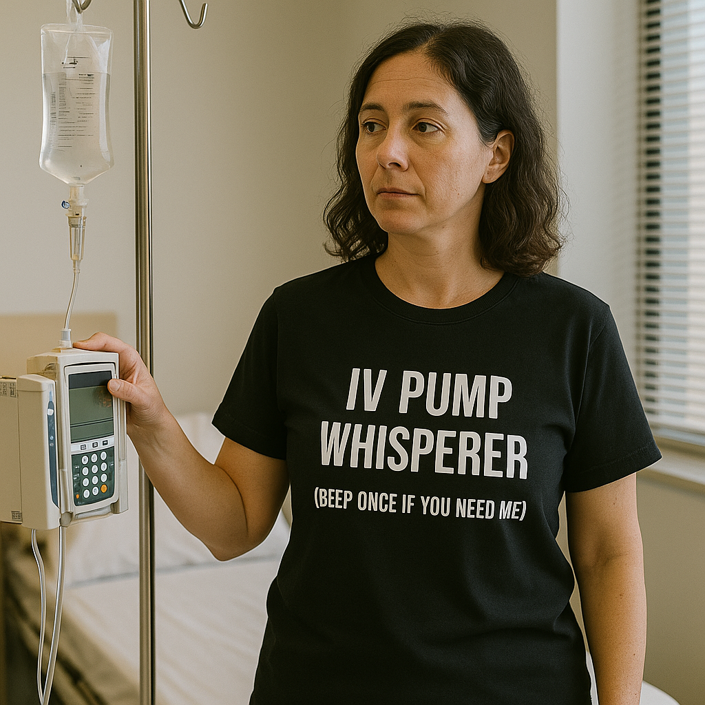 female nurse silencing IV pump while wearing the “IV Pump Whisperer” tee in black.