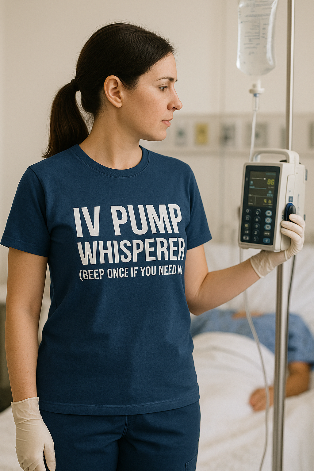 female nurse silencing IV pump while wearing the “IV Pump Whisperer” tee in navy.