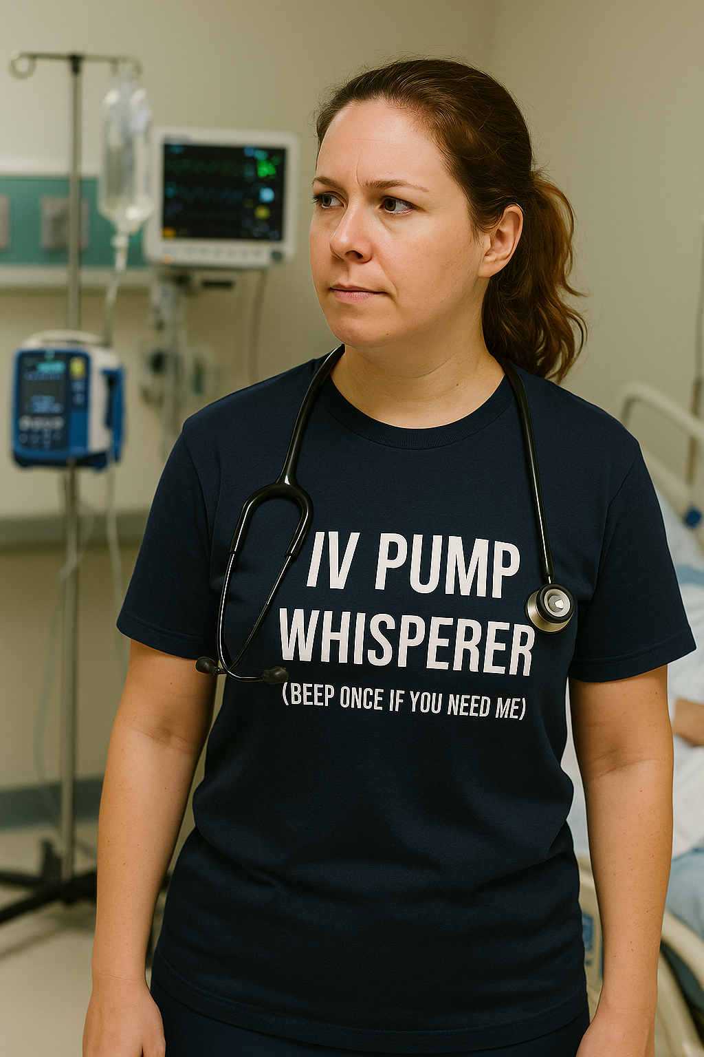 Model with stethoscope in hallway with IV humor tee slightly wrinkled.