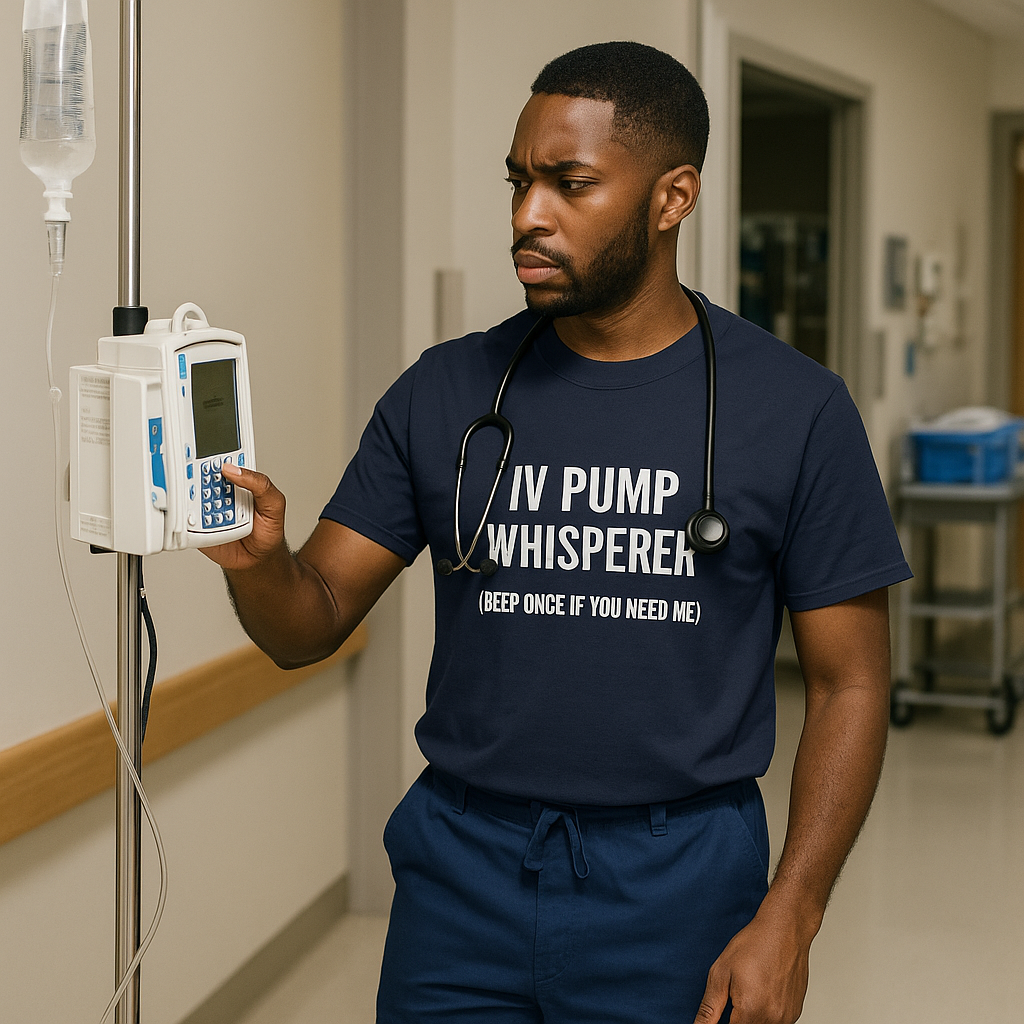 Male nurse silencing IV pump while wearing the “IV Pump Whisperer” tee in navy.