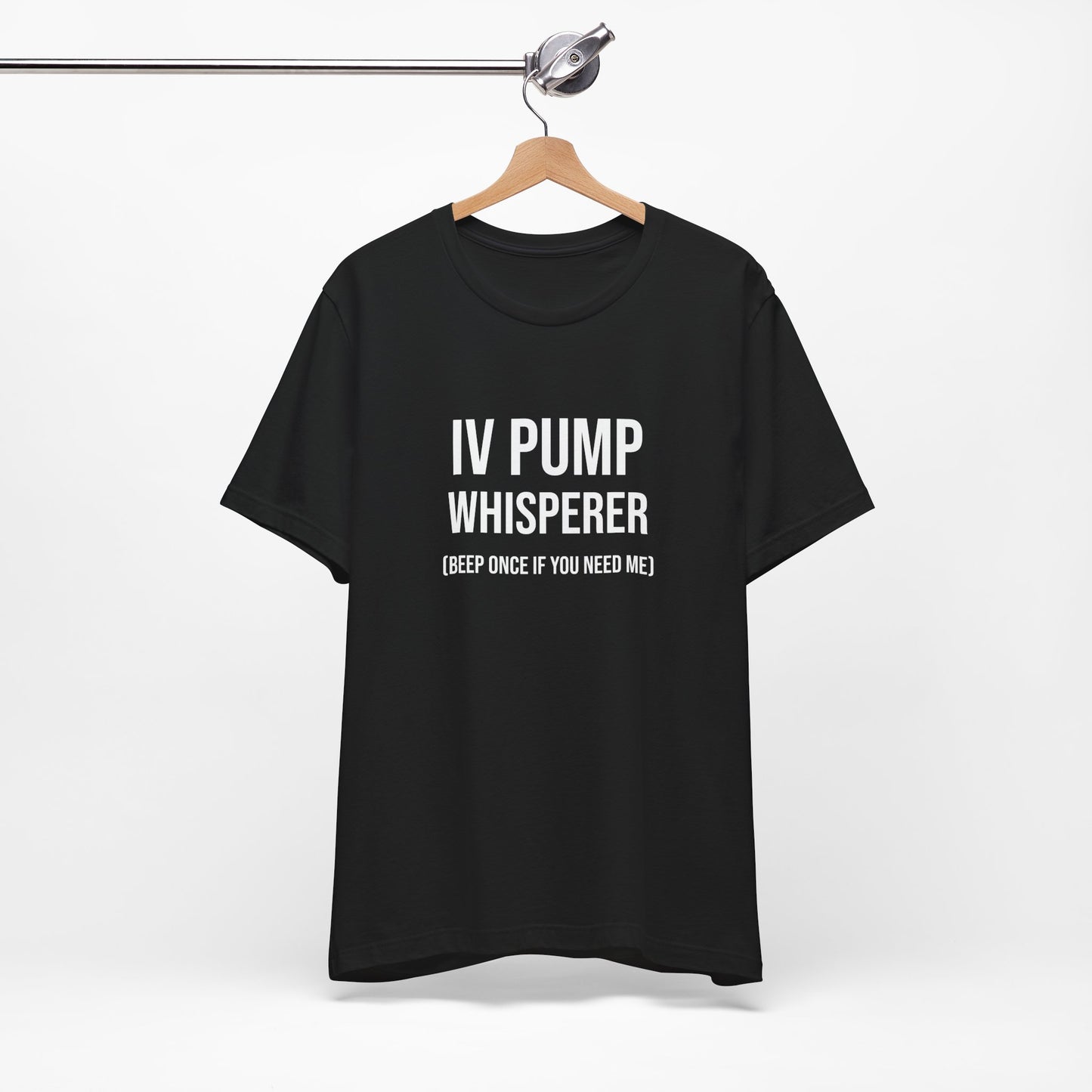 black version of the tee on hanger, clear font visible.