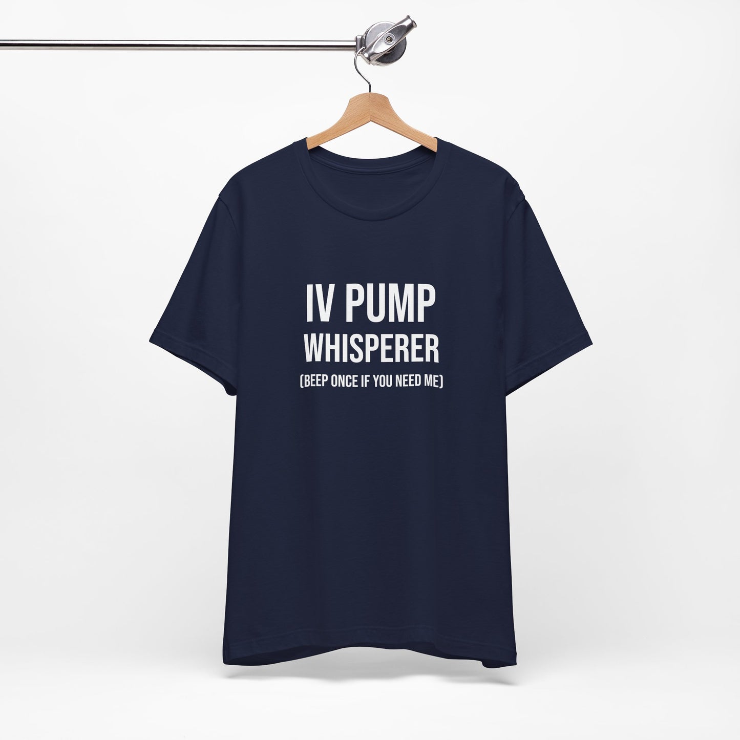 Navy version of the tee on hanger, clear font visible.