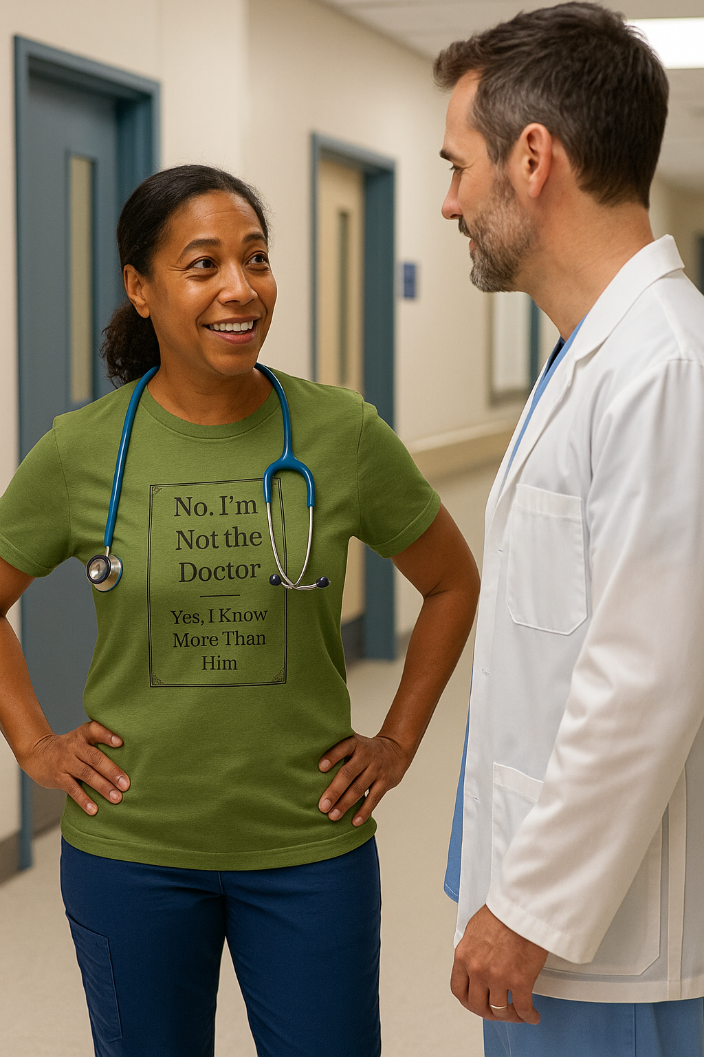 nurse and doctor in hallway, laughing—right nurse wearing "Not the Doctor, Just Smarter" shirt.