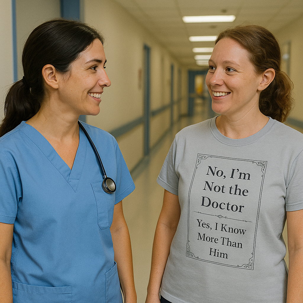Two female nurses in hallway, laughing—right nurse wearing "Not the Doctor, Just Smarter" shirt.