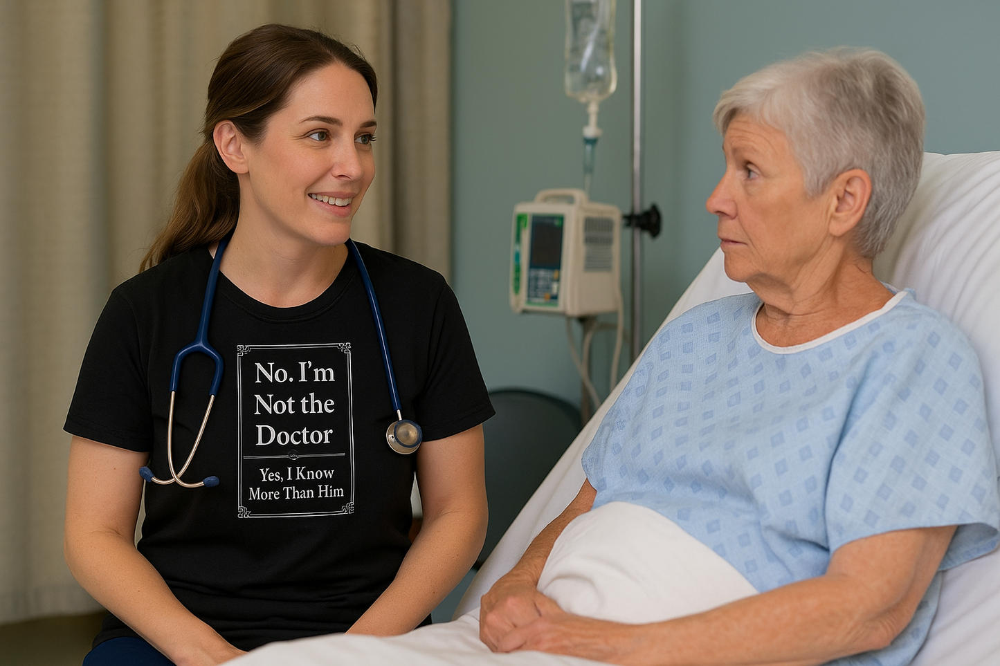 nurse and patient chatting—one wearing black "Not the Doctor, Just Smarter" tee.