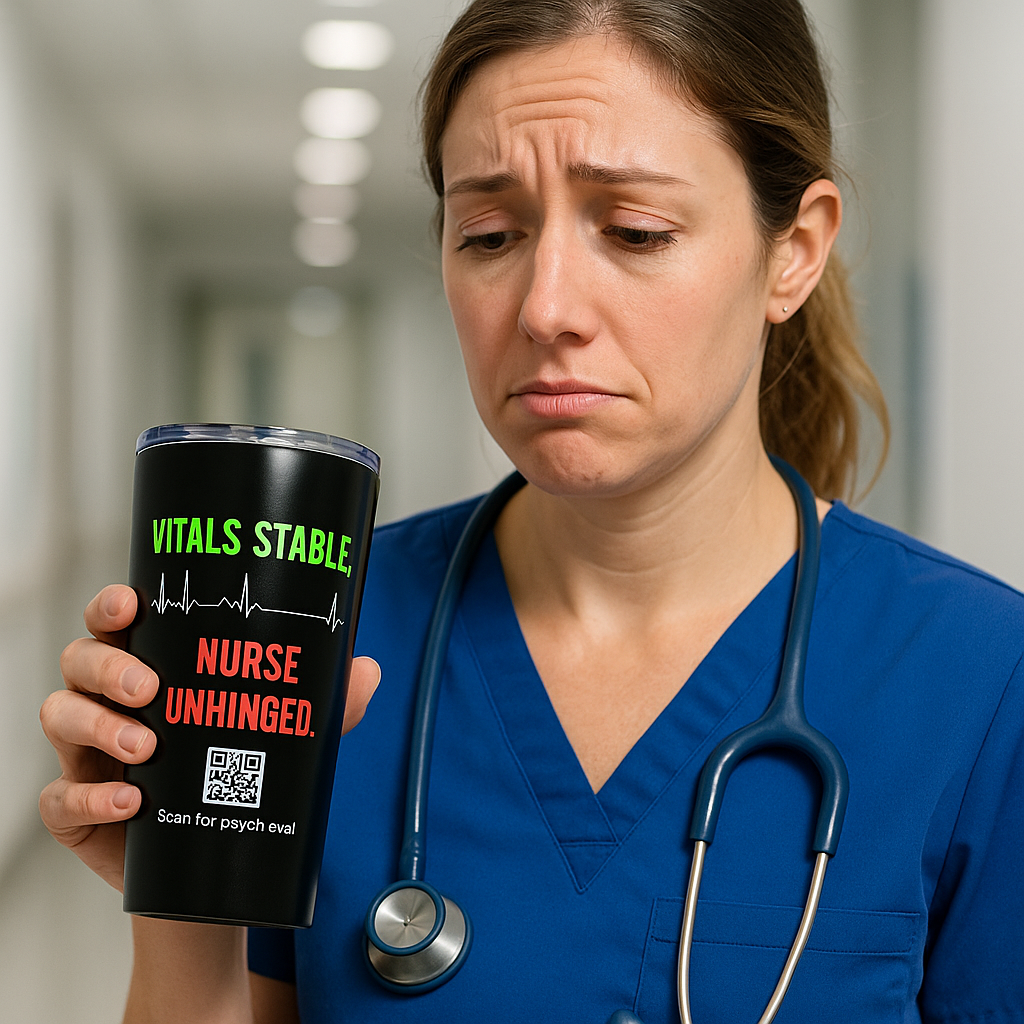 Nurse charting at a computer while holding her “Vitals Stable, Nurse Unhinged” tumbler.